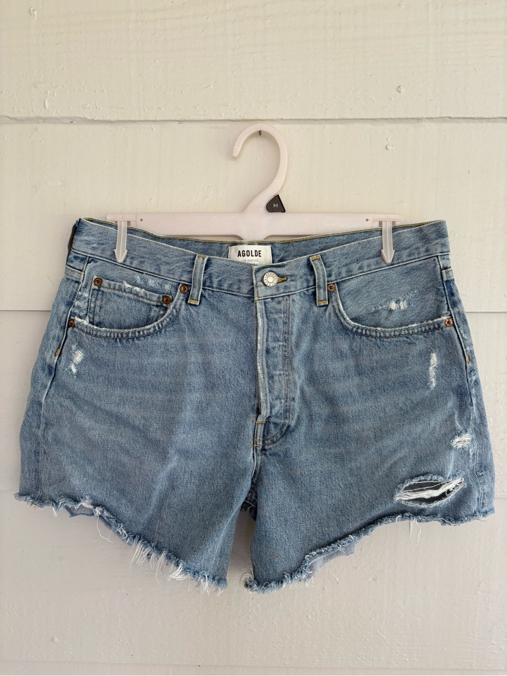 AGOLDE Parker Long Distressed Denim Shorts Size 30 Light Wash Raw Hem Cotton